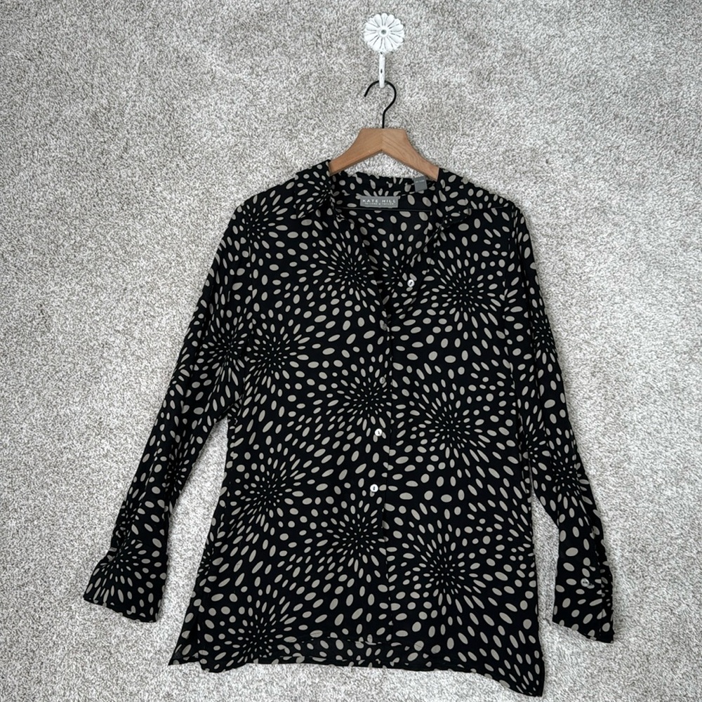 Kate Hill Lord & Taylor Black & Tan Silk Tie Blouse - Size 8